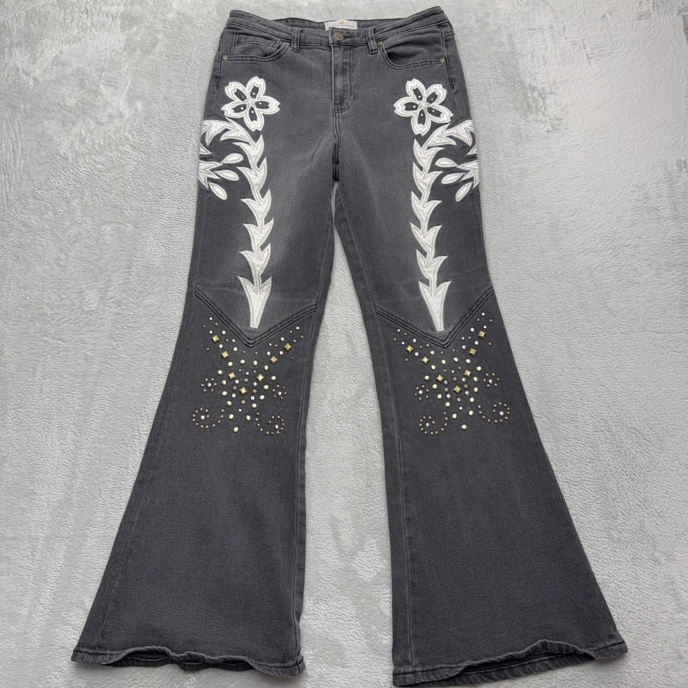 Austin Landing Jeans Womens 9/29 Black Floral Embroidered Studded Flare Western